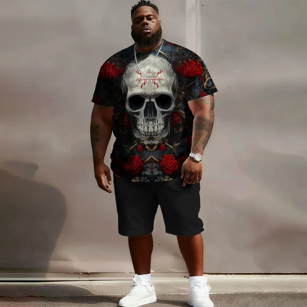 

Мужской комплект с короткими рукавами больших размеров S-9xl: Vibe с краями черепа — большой и высокий крой из двух предметов, мягкая ткань, гладкие рваные черепа