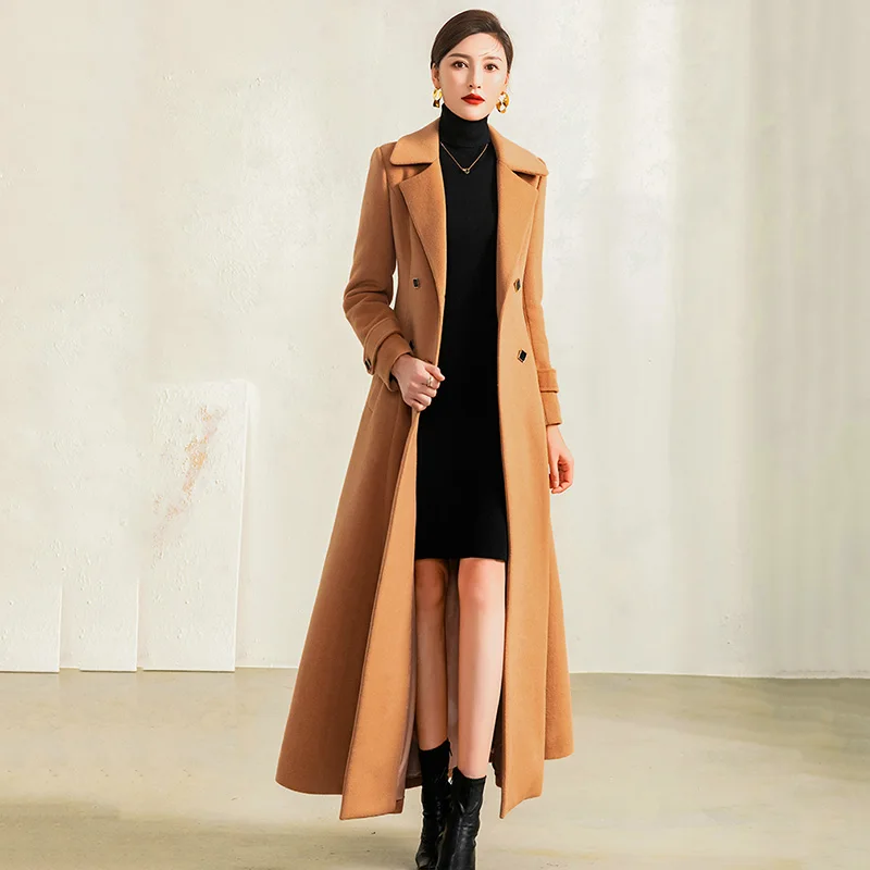 Pop Women Long Wool Coat Autumn Winter Nice Elegant Fashion Suit Collar Double Breasted Basic Slim X-Long Woolen Overcoat