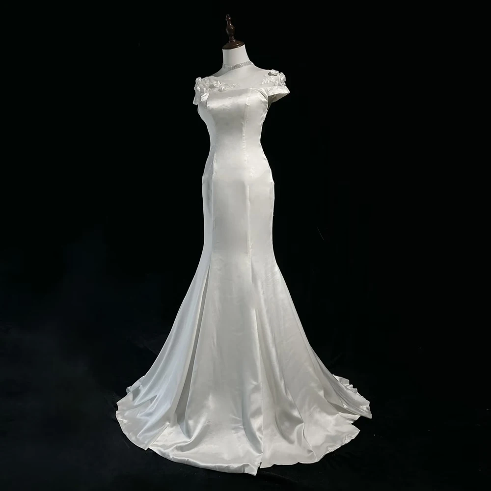 

Elegant Vintage 3D Flowers White Prom Dresses Short Sleeve Backless Mermaid Evening Gown Slim Fit Wedding Banquet Cocktail Dress