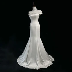 Elegant Vintage 3D Flowers White Prom Dresses Short Sleeve Backless Mermaid Evening Gown Slim Fit Wedding Banquet Cocktail Dress