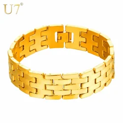 U7 Stainless Steel 19cm Flat Watch Band Strap 8mm Wide Chain Bracelet Wristband (with adjusting tool) Men Jewelry Gift for Him