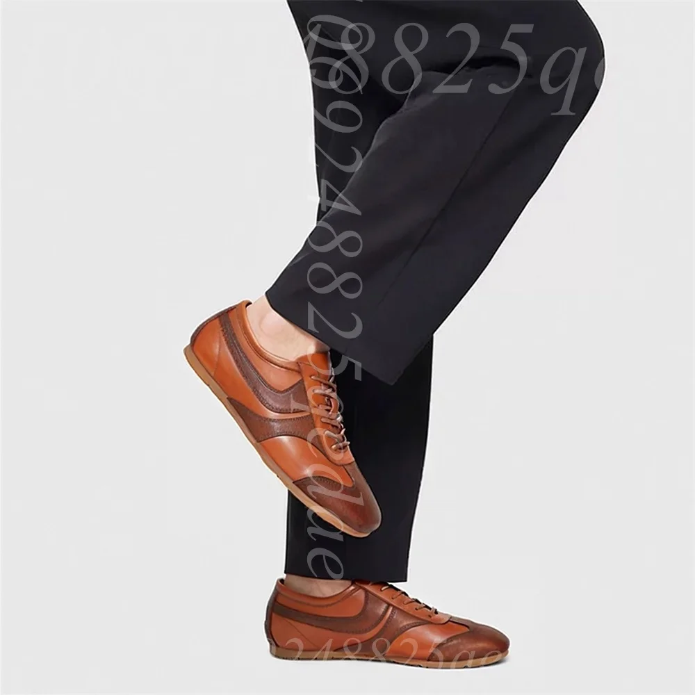 Men's Brown Lace-Up Casual Sneakers Two-Tone Retro Design, Comfortable Lightweight Non-Slip Rubber Sole Breathable Shoes for Men