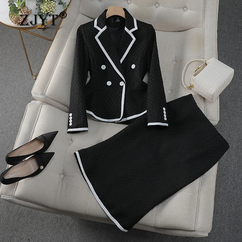 ZJYT Office Lady Woolen Blazer Skirt Sets Women\'s Suit Elegant Conjuntos Para Mujeres 2 Piezas Outfit White Black Autumn Winter