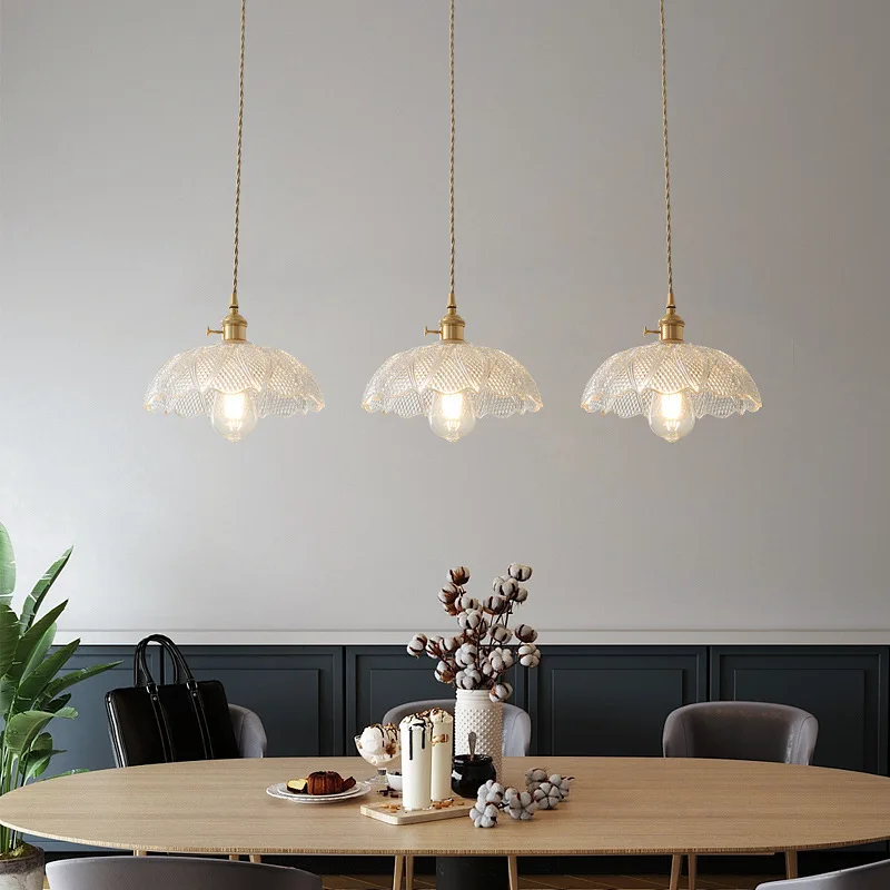 

Hanging Lights for Dining Room Vintage Small Lamps Embossed Glass Chandeliers Romantic Home LED Copper Lighting Fixture Lustre