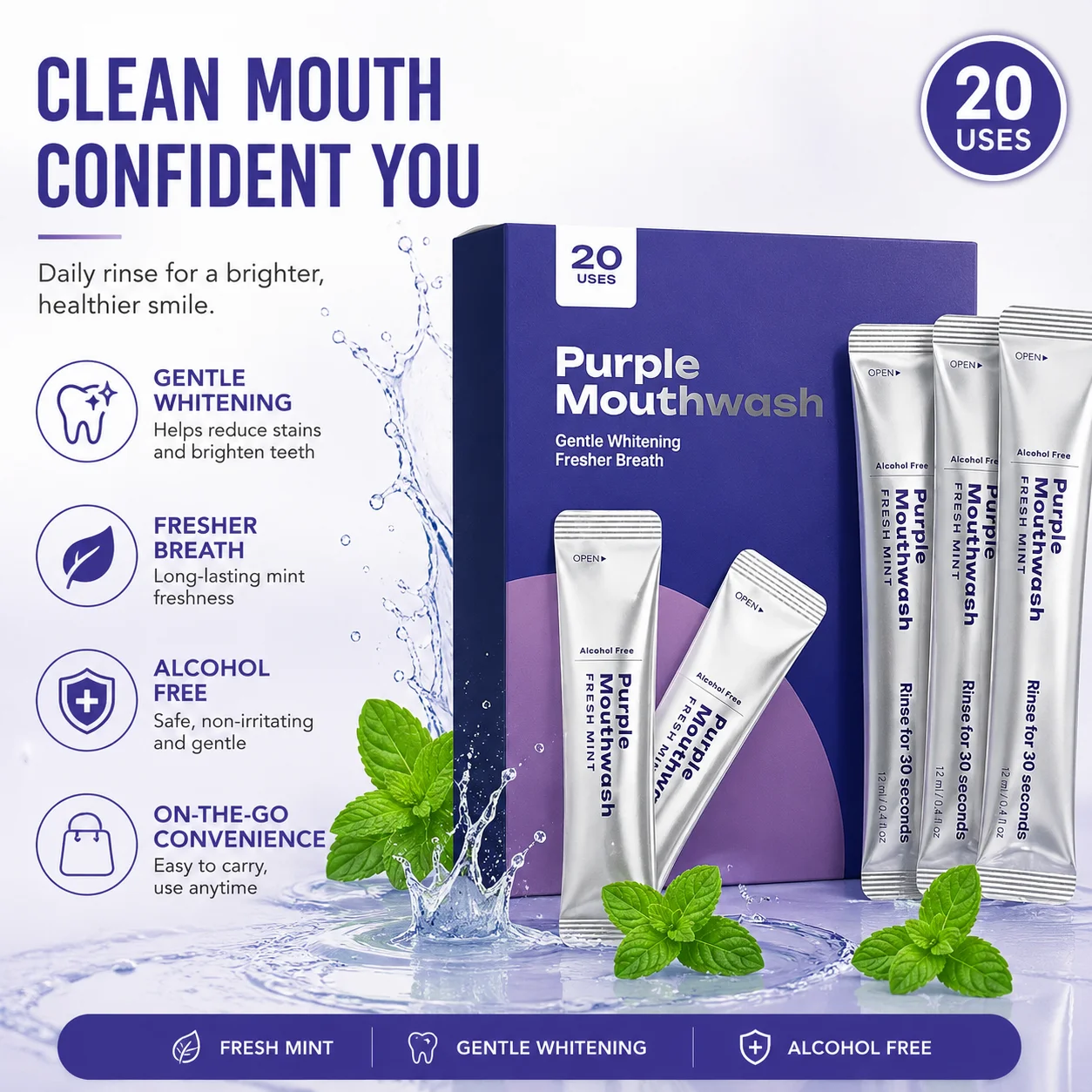 Purple Mouthwash For Teeth Whitening Color Correcting,Support Gum Health Gentle Oral Care 20 Portable Mint Whitening Mouthwash - view 2