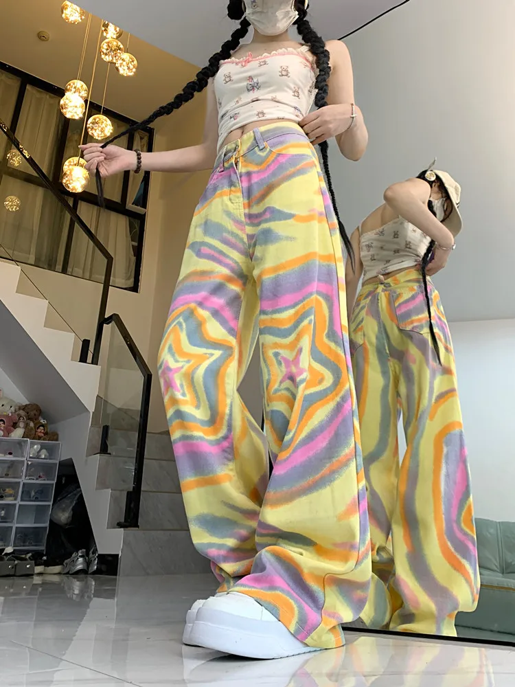 Tie dye Graffiti jeans largos, calça reta de perna larga, calça casual, roupas femininas, moda da moda, Y2K, 2024