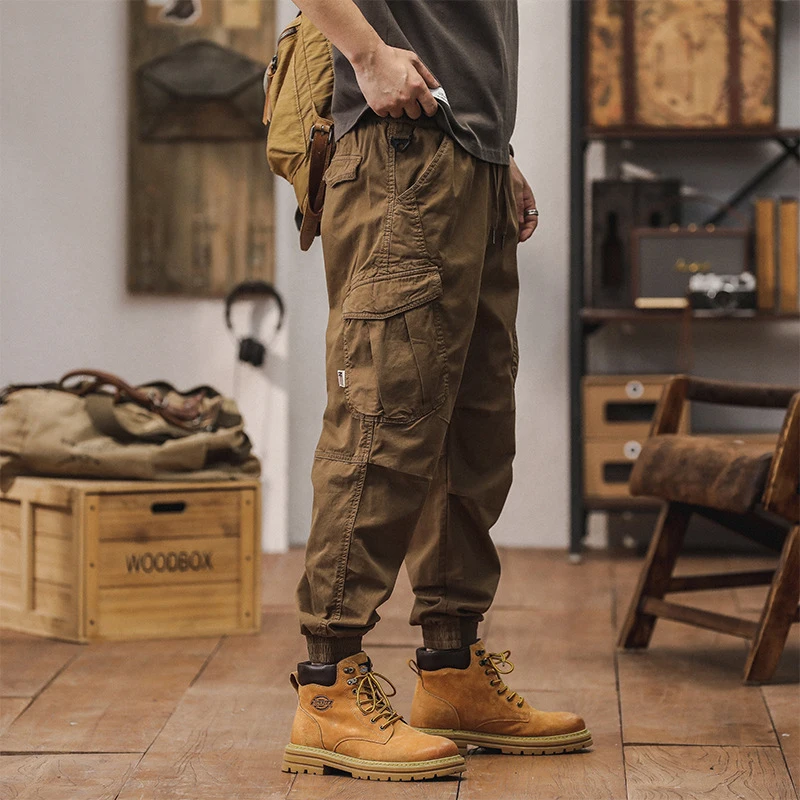 American Style Men's Functional Workwear Pants Multi Pocket Commuting Wear-Resistant Casual Leggings Solid Color Washed