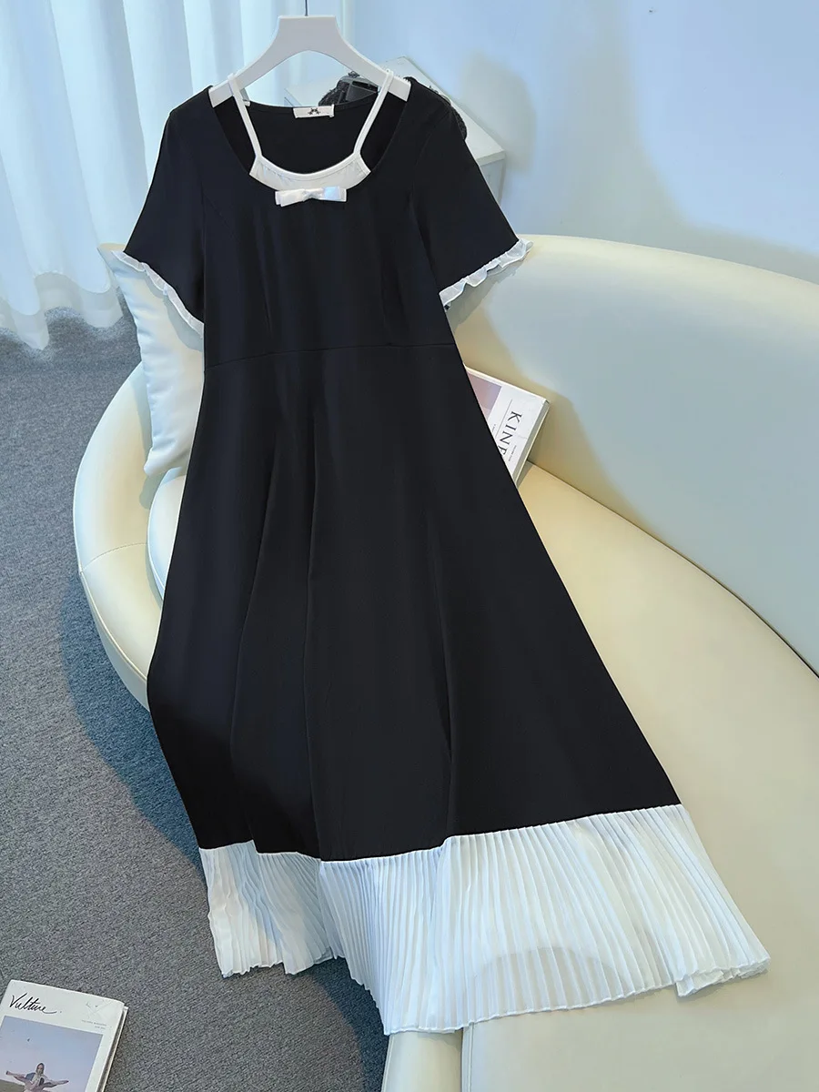 140Kg Plus Size Women's Bust 142 Summer Loose Gentle Style Contrasting Dress Black 4XL 5XL 6XL 7XL 8XL