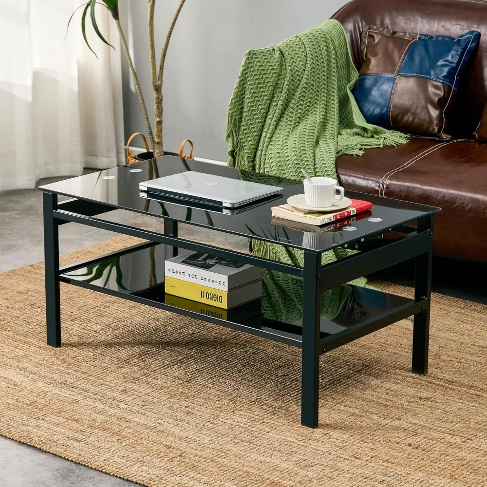 Lift Top Coffee Table with Storage Shelf, 2-Teir Open Storage Coffee Table Tempered Glass Rising Tabletop and Metal Frame