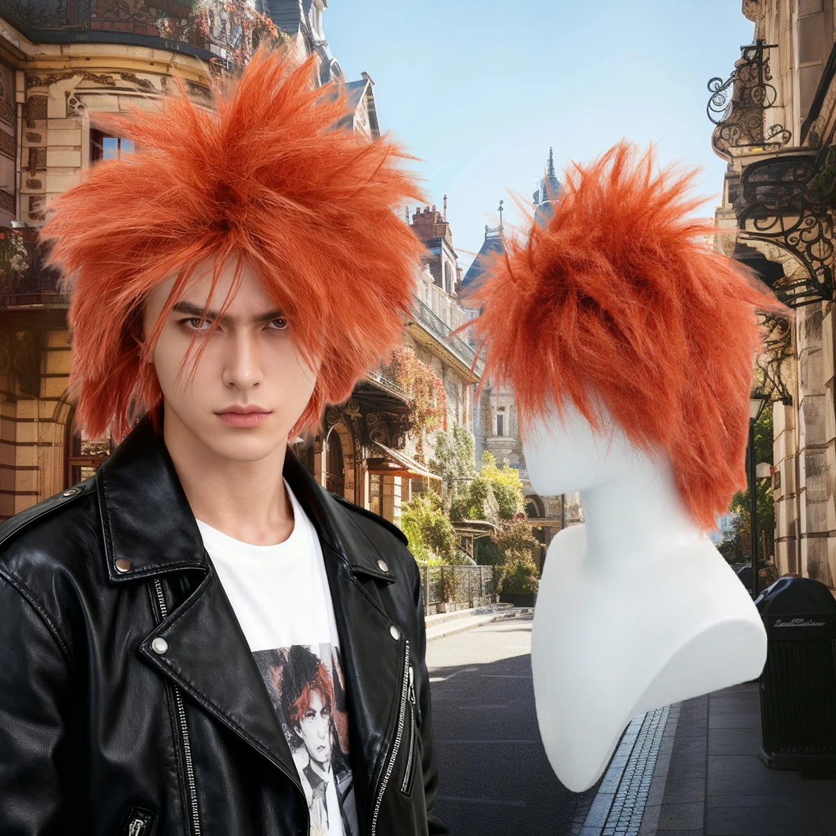 

Orange Explosive Spiky Top Upward Fluffy Layered Medium Wig, Synthetic Edgy Style for Cosplay