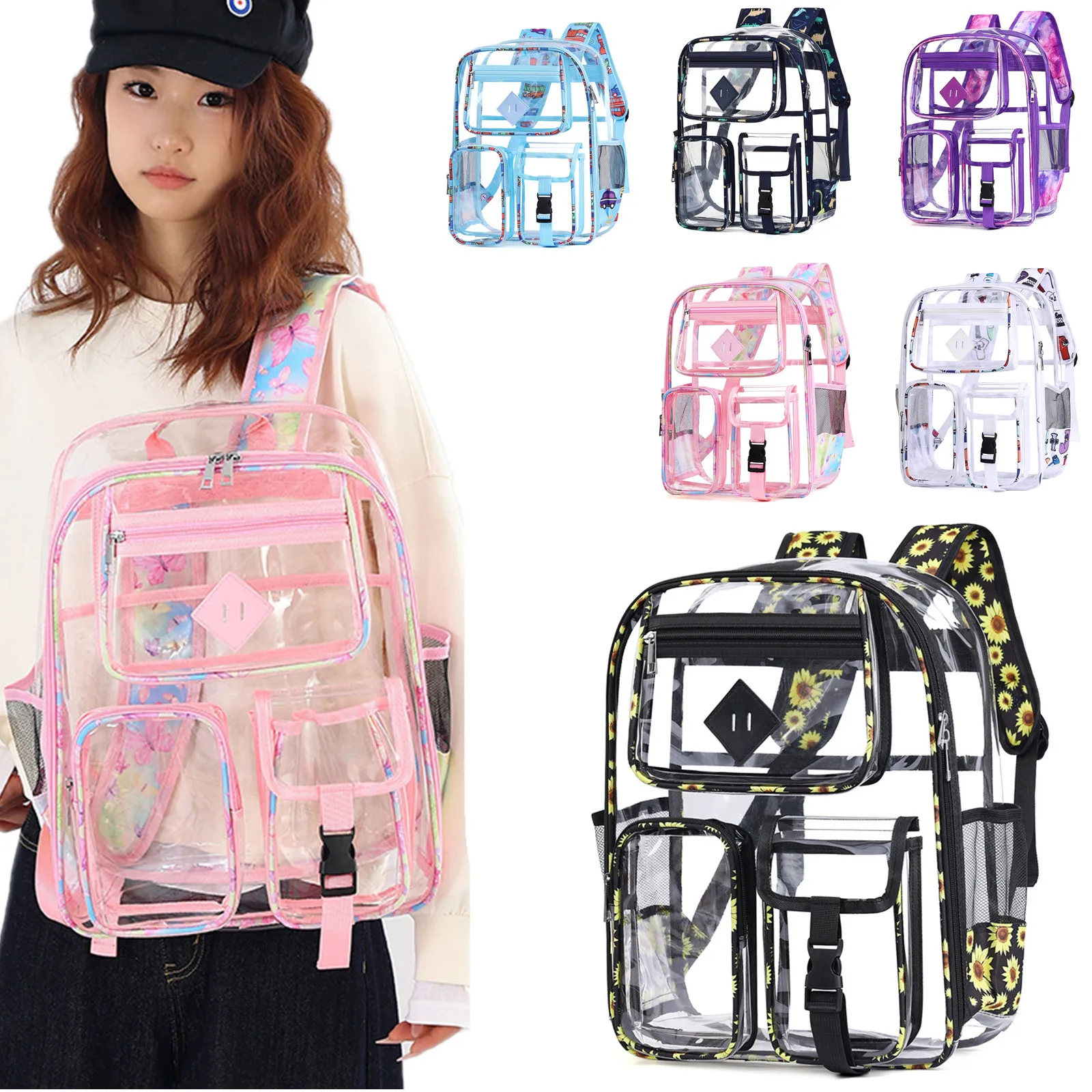 Large Clear PVC Backpack See through Stadium Approved Transparent School Travel Concert Bookbag with Laptop Compartment