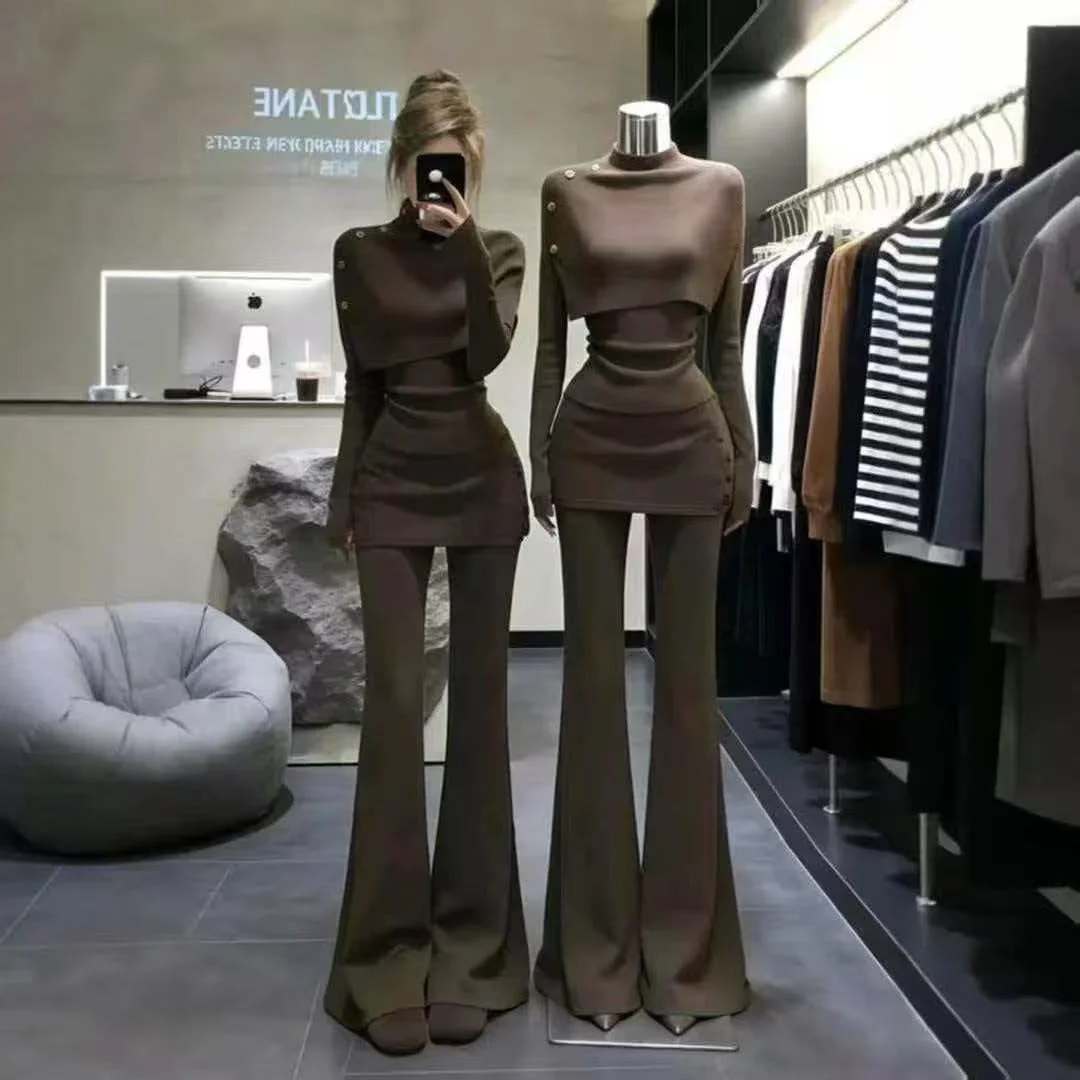 Mussel Cashmere 280g Spring Autumn Women's Set High-End Feel Cowl Neck Knitted Casual Pants Three-Piece Suit Casual Sportswear