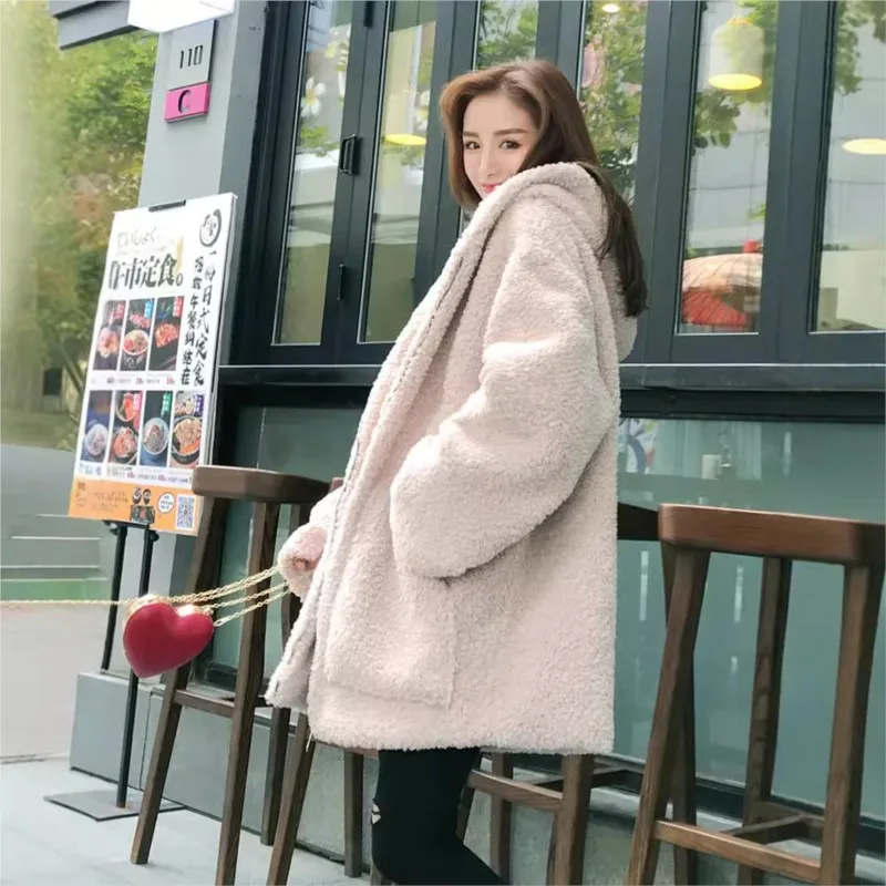 Loose fur mixed with particles thickened women's hooded zipper mid-length plush coat
