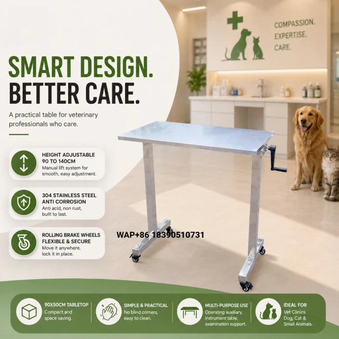 EURVET Veterinary Equipment 304 Stainless Steel Veterinary Instrument Bench with Adjustable Manual Lift for Animal Hospitals