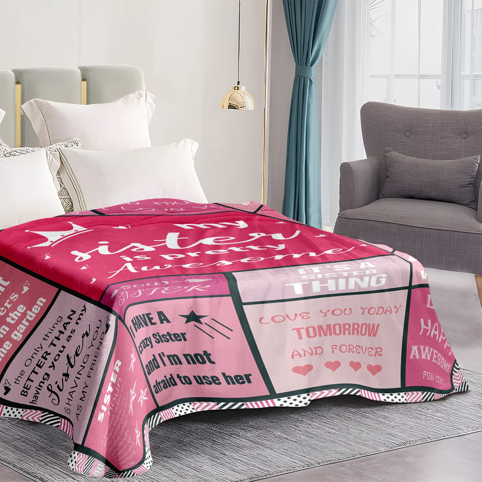 Encouraging Flannel Blanket With Pink Checks And Heartfelt Text To Strengthen Bonds Between Sisters