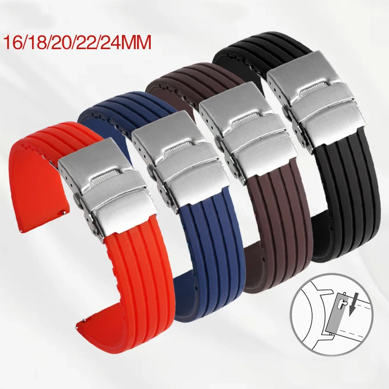 

16/18/20/22/24mm Universal Silicone Strap Quick Release Stainless Steel Folding Buckle Men Sport Waterproof Rubber Watch Band