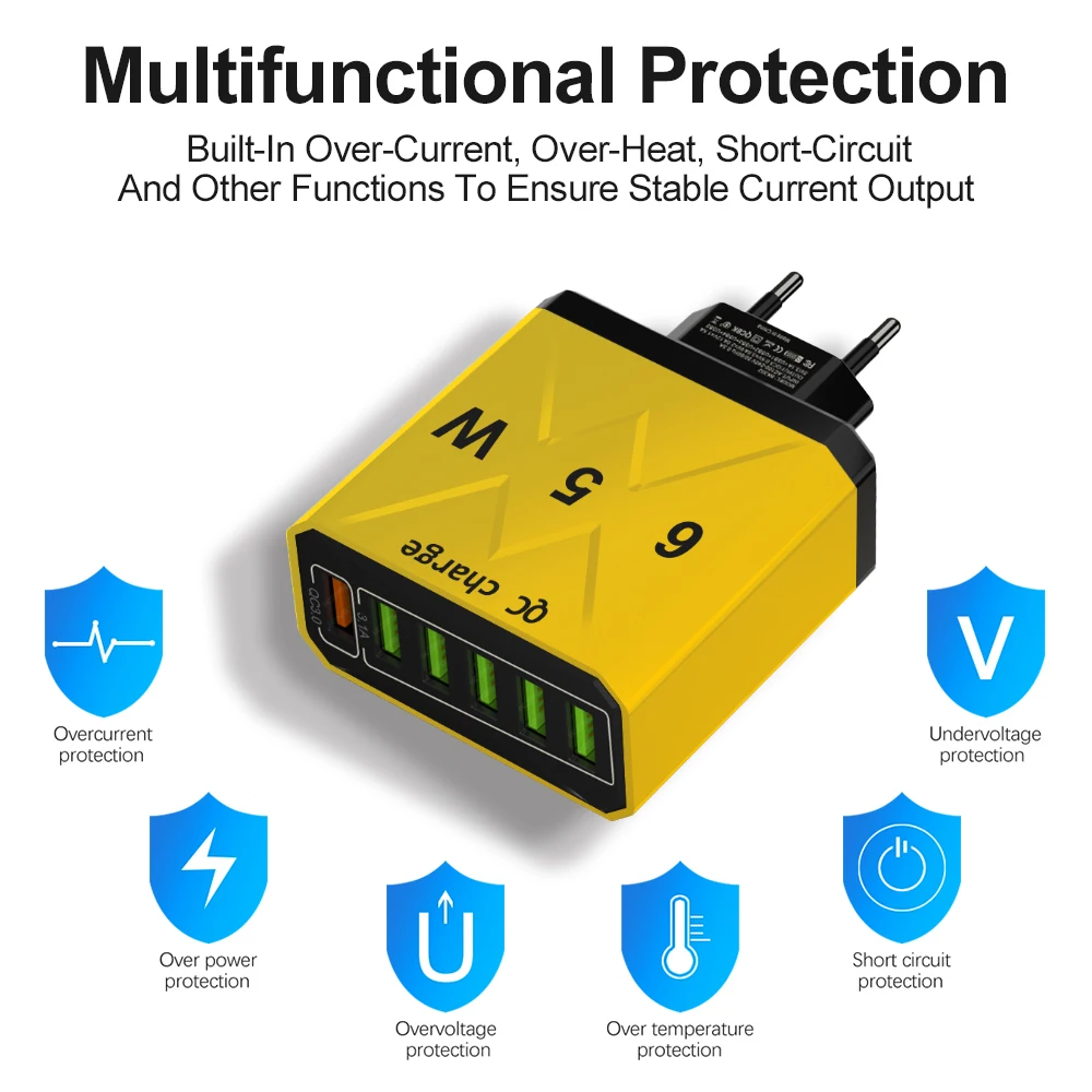 شاحن سفر USB سريع الشحن ، 6 منافذ ، 65 واط ، QC3.0 ، ايفون 15 ، سامسونج ، شاومي ، هاتف ، محول تابلت ، EU ، KR ، US ، المملكة المتحدة قابس