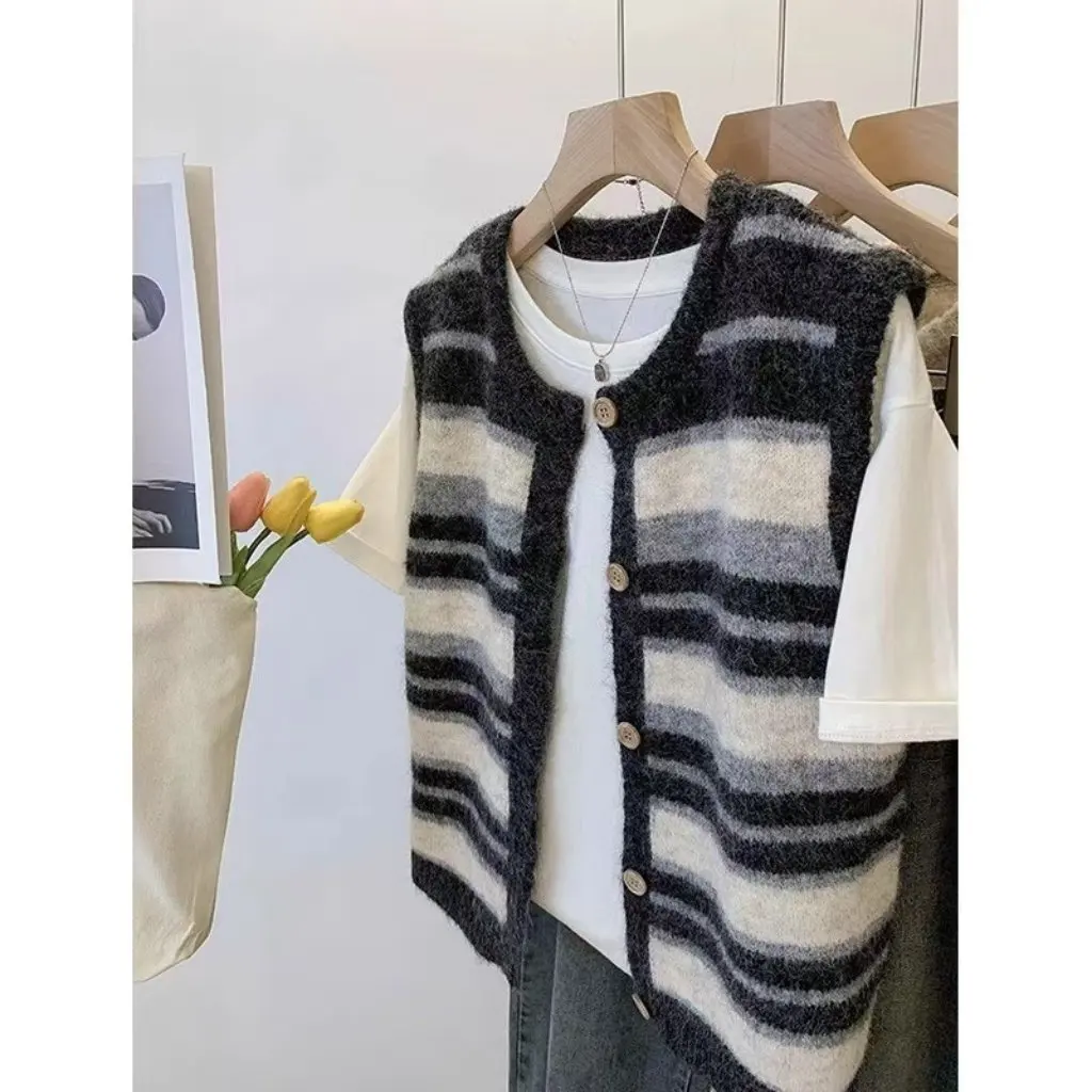

Женский винтажный полосатый вязаный жилет без рукавов в корейском стиле с круглым вырезом, свободный универсальный топ в тон