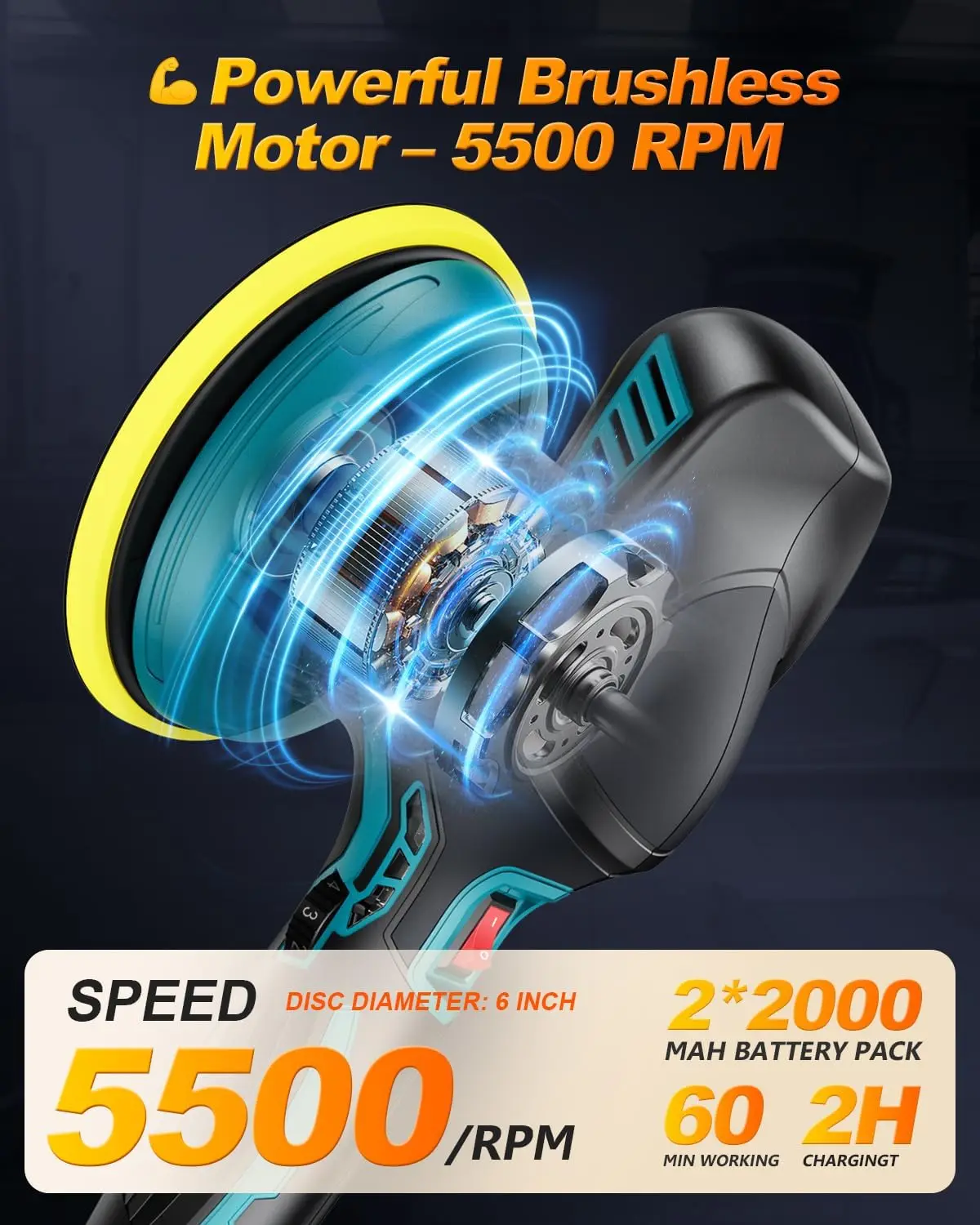 เครื่องขัดสีไร้สายขนาด 6 นิ้ว, 21V 2000mAh, อุปกรณ์เสริม 13 ชิ้น, 5500 รอบต่อนาที, ปรับความเร็วได้สำหรับงานดูแลรักษารถยนต์