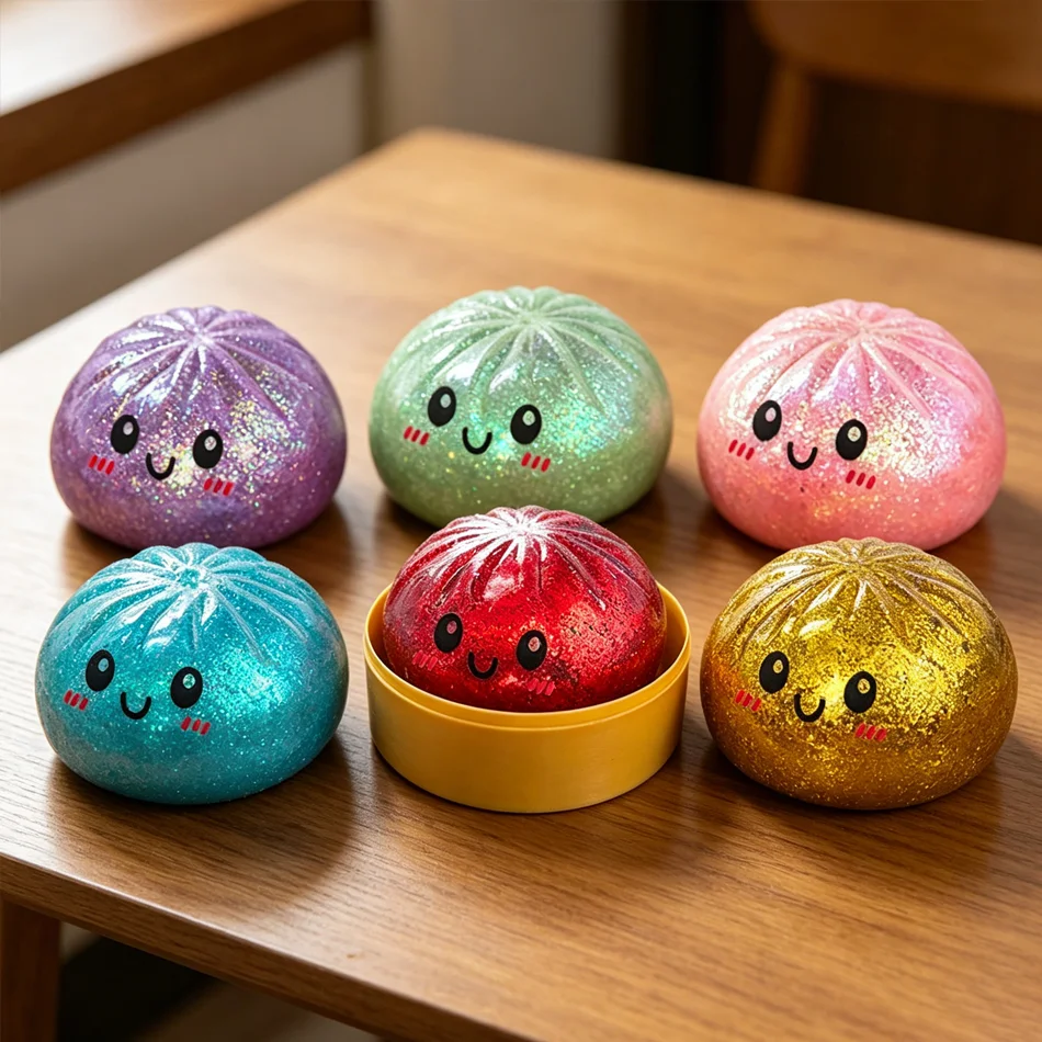 Brinquedo Squishy de Glitter em Formato de Dumpling, Pãozinho Baozi, Caixa Misteriosa, Comida Colorida, Brinquedo Sensorial Anti-Stress, Bola de Apertar