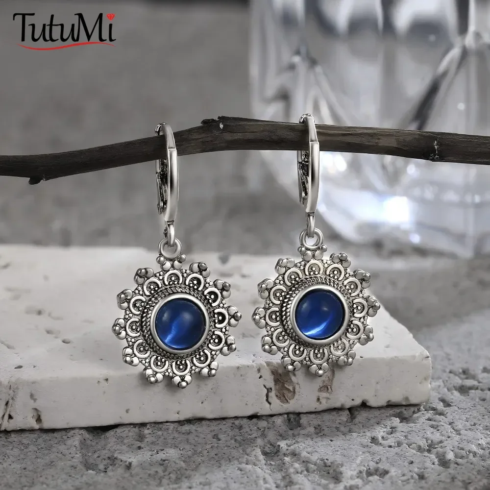 

925 Sterling Silver Natural Kyanite Snowflake Earrings for Women Gifts 6mm Round Earrings Vintage Jewelry