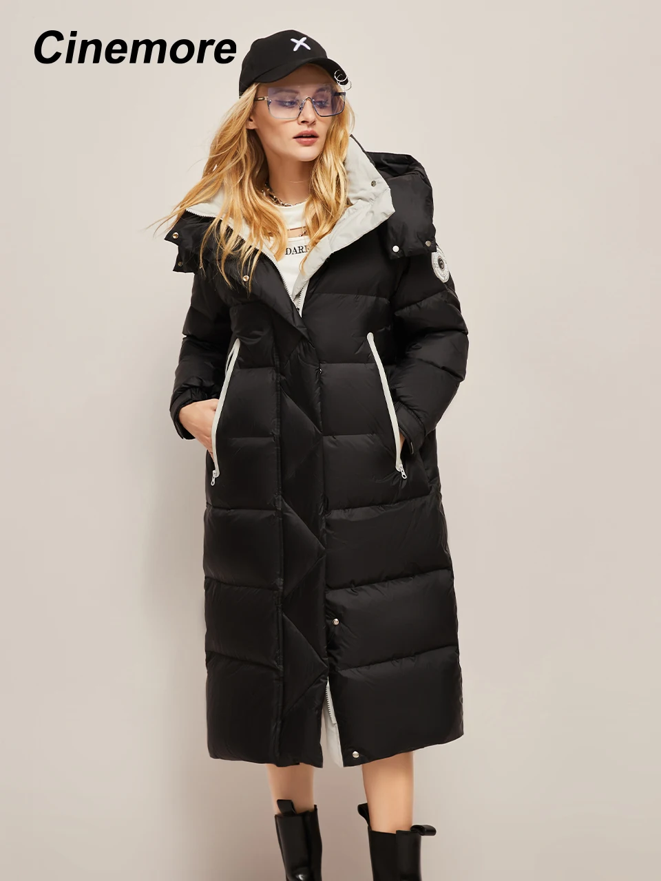 Cinemore piumino donna inverno 2022 lungo freddo caldo colletto in piedi con cappuccio casual parka piumino d'anatra bianco da donna Y22510