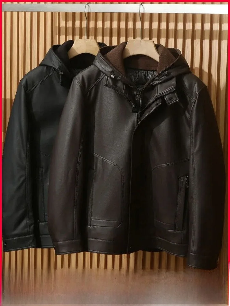 

Men's High-End Detachable Hooded Leather Jaet down Coat Zipper Sle Windproof 3D Design Warm Casual Faion Winter Outerwear