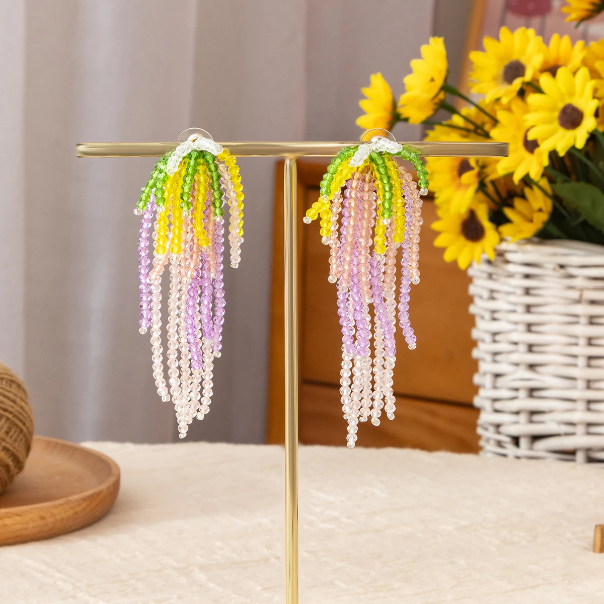 

Vacation Style Floral Beaded Earrings, Fresh Colorful Handmade Long Tassel Dangle Exquisite Sweet Studs