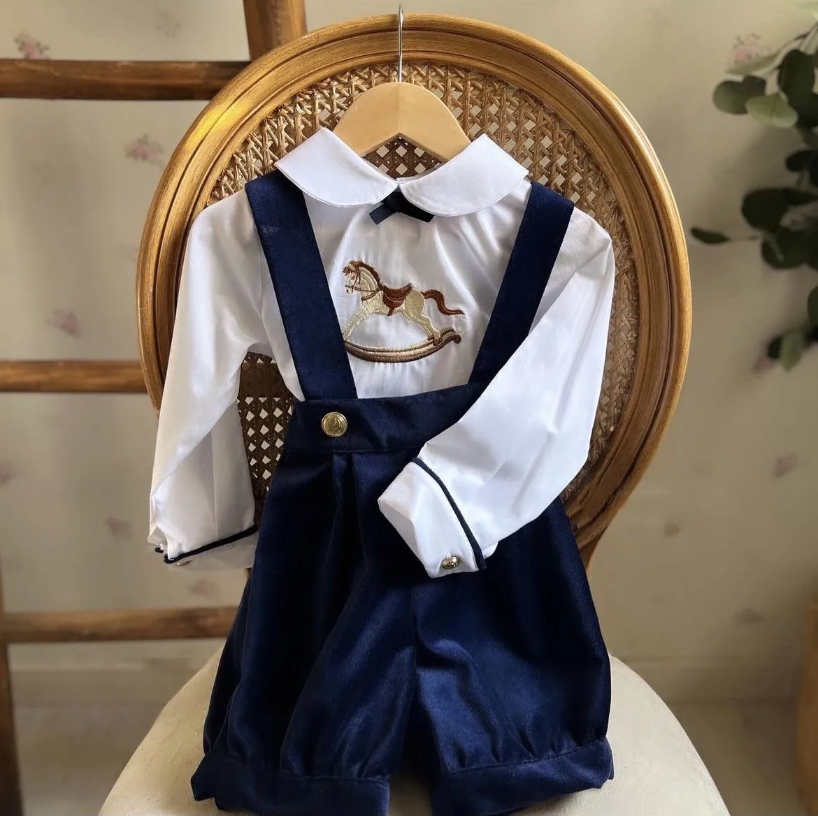 Baby Boy Autumn Navy Blue Velvet Horse Embroidery Vintage for Eid Causal Birthday Photography