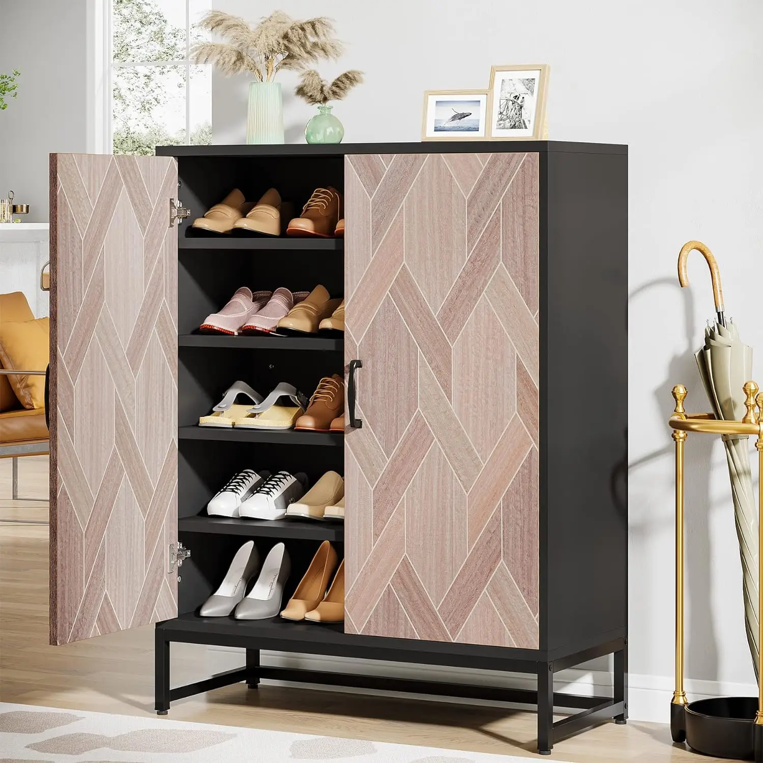 

Shoe Cabinet with Doors, 5-Tier Free Standing Shoe Organizer with Removable Shelves for 16-20 Pairs, Modern Shoe Storage, Gray