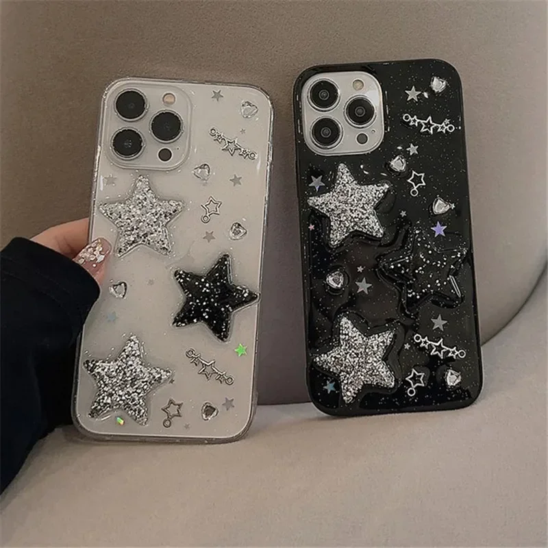 Black 3D Sparkling Pink Star Phone Case for Iphone 15 14 13 12 11 Pro Max X XR XSMAX 7 8 Plus SE TPU Case Cover New Products