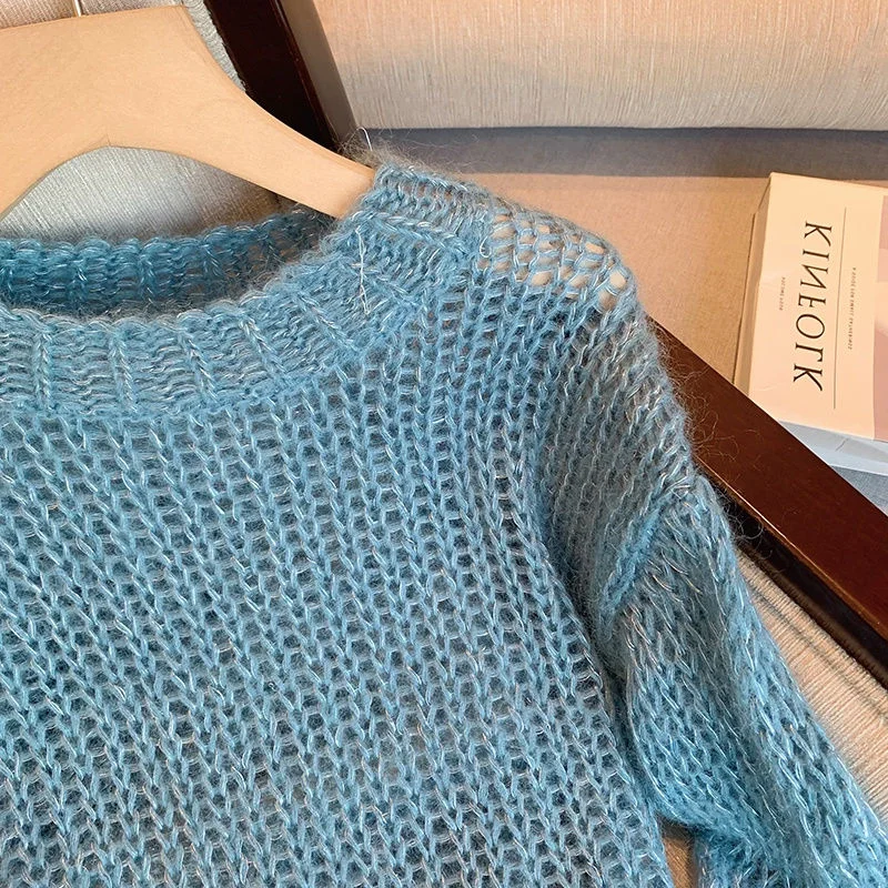 Maglione lavorato a maglia cavo con nappa di nuovo design primavera estate da donna con girocollo blu e filo spesso
