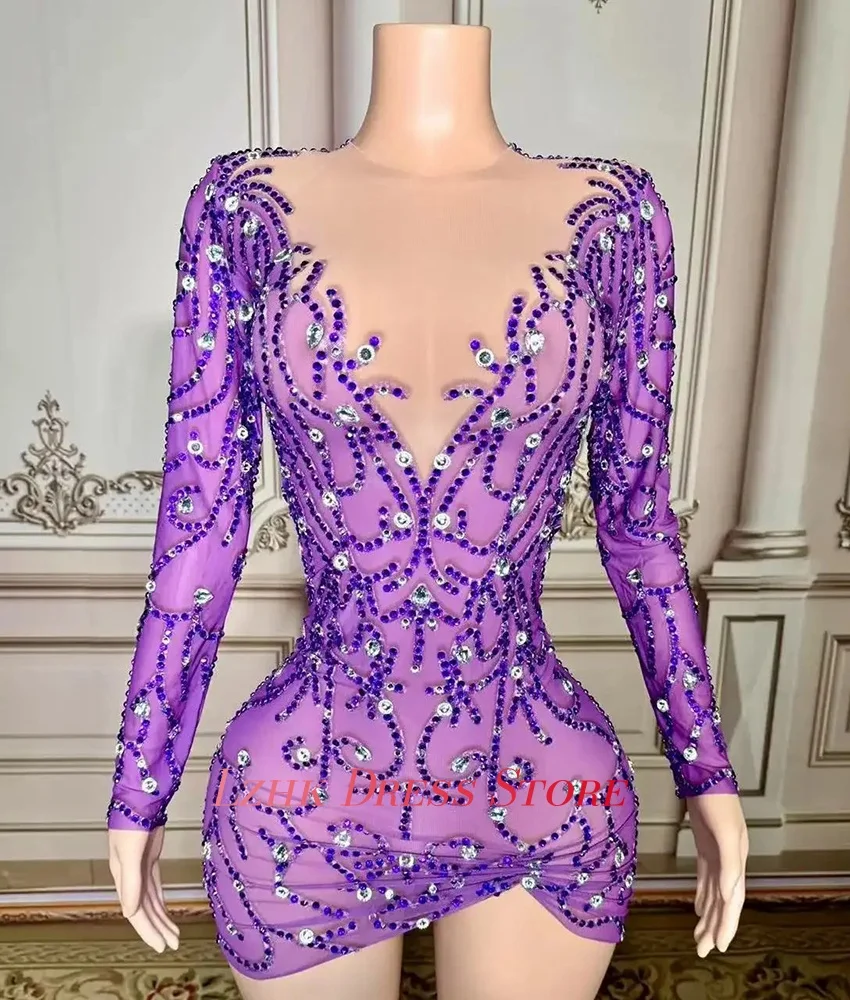 カスタムメイドの高級ジャージーストレートクリスタルビーズ刺繍イブニングドレス高品質長袖Oネック女性用イブニングドレス