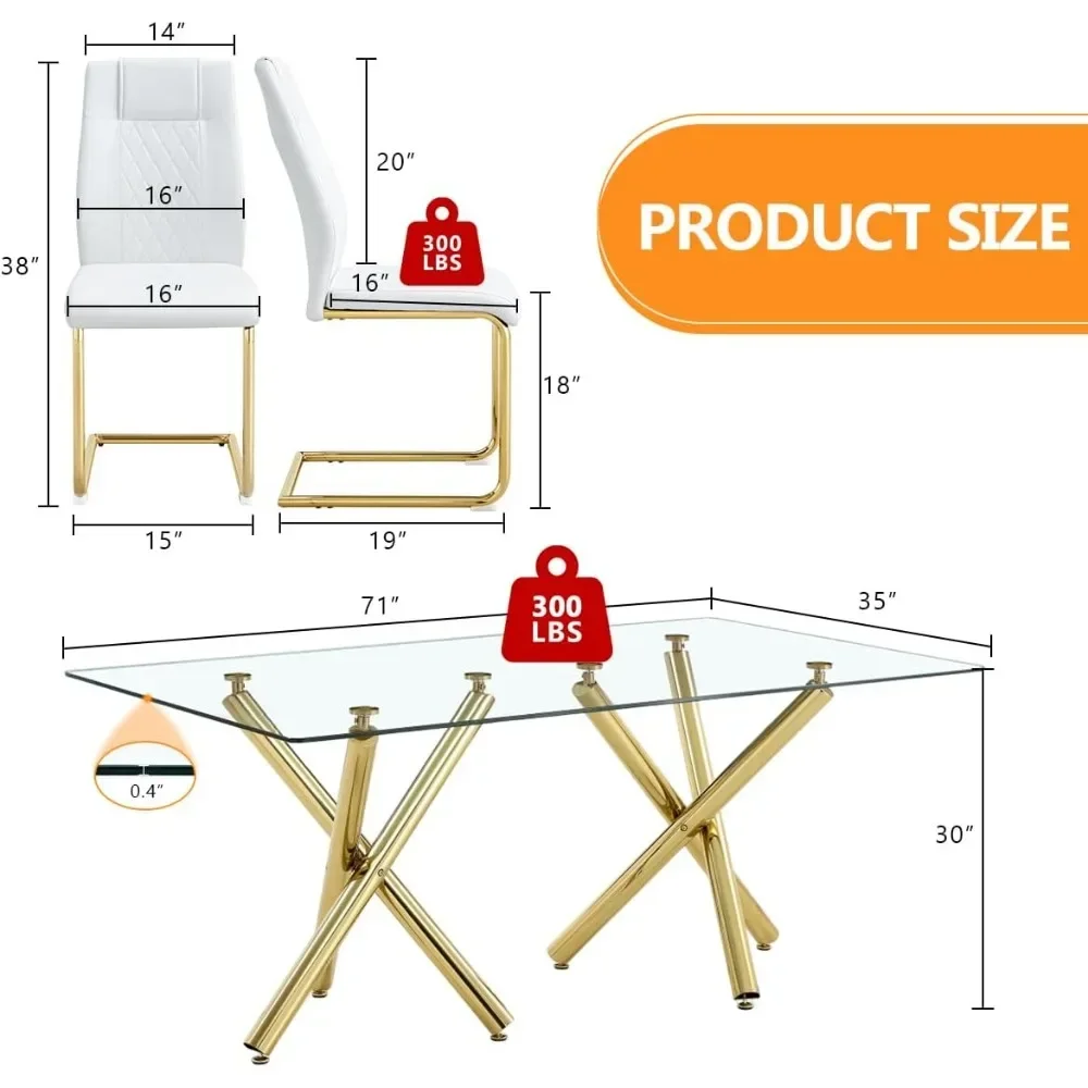 Conjunto de mesa de jantar de vidro de 71" para 8, mesa de vidro temperado e 8 cadeiras de couro PU, conjunto de mesa de sala de jantar para 8