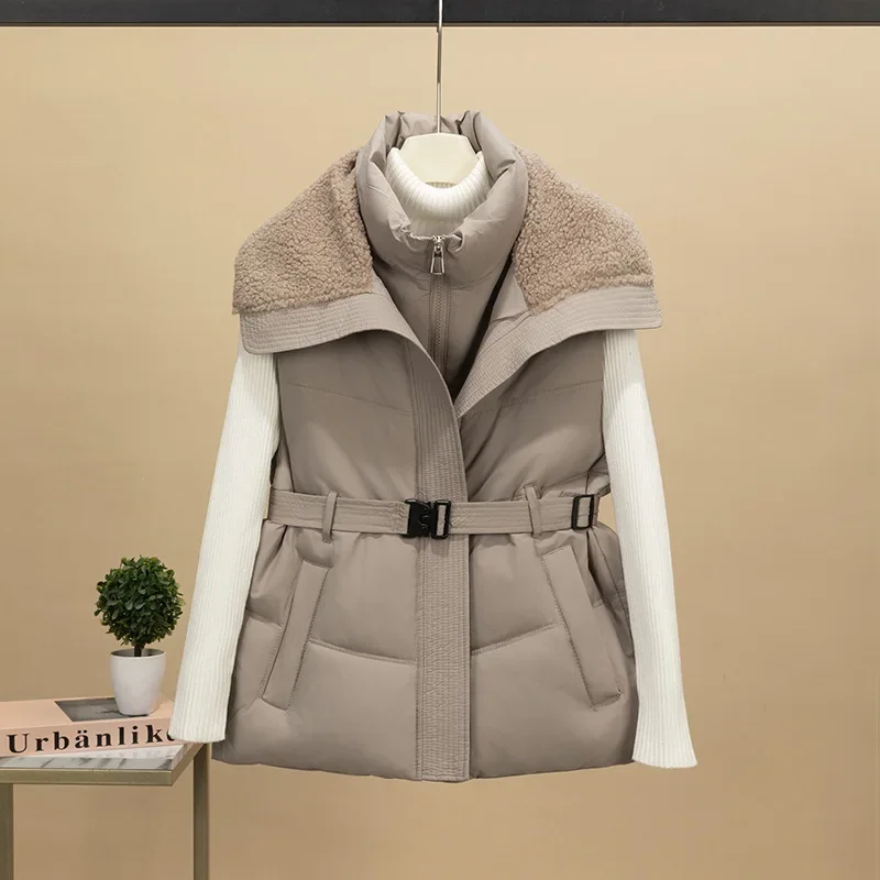 Fashion Stand Up Collar Zipper Waistcoat Warm Sleeveless Quilted Coats Autumn Winter Belt Slim Cotton Jacket Vest for Women