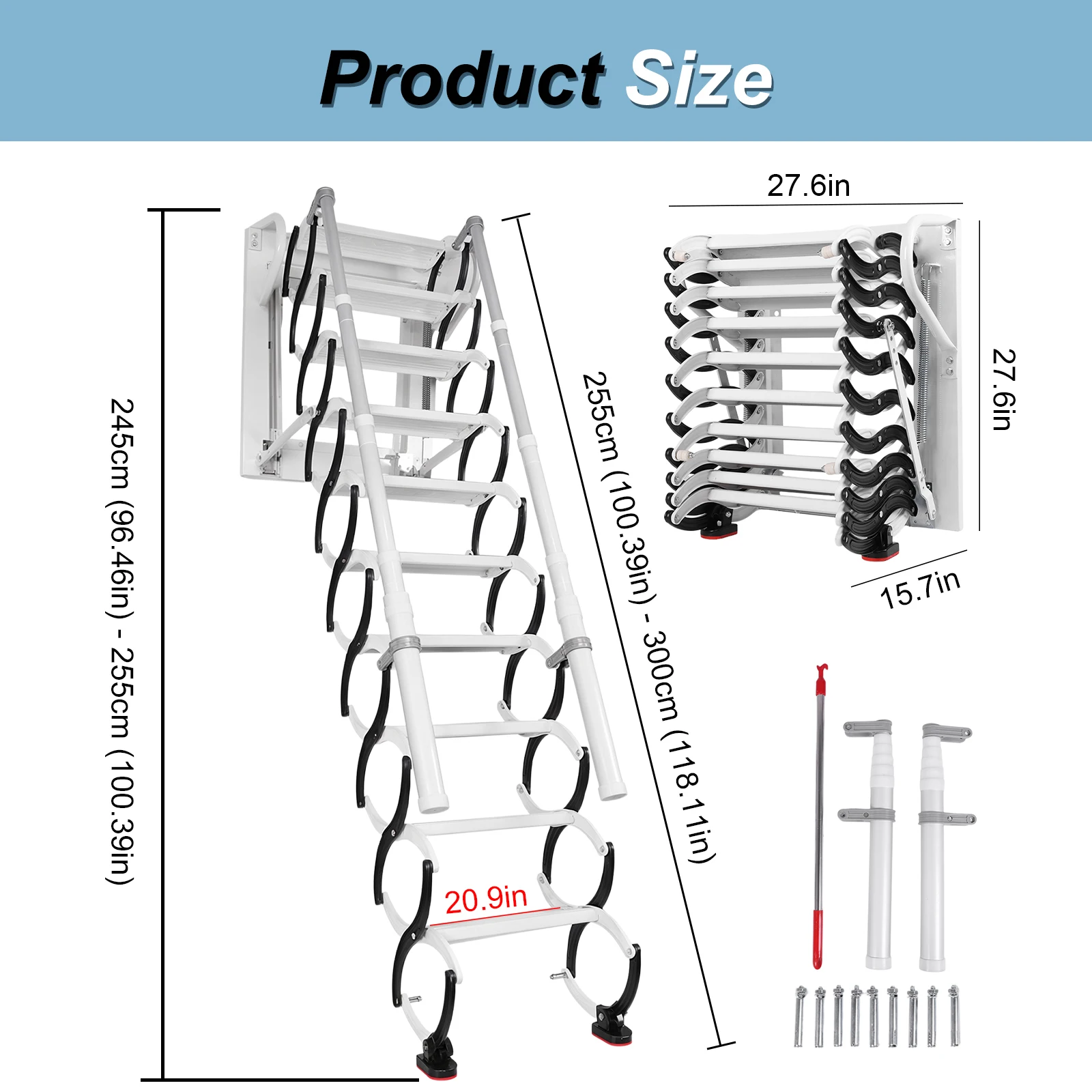 

Wall-Mounted Folding Stairs with Handrails Telescopic Attic Ladder Retractable Loft Ladder for Attic Basement Warehouse