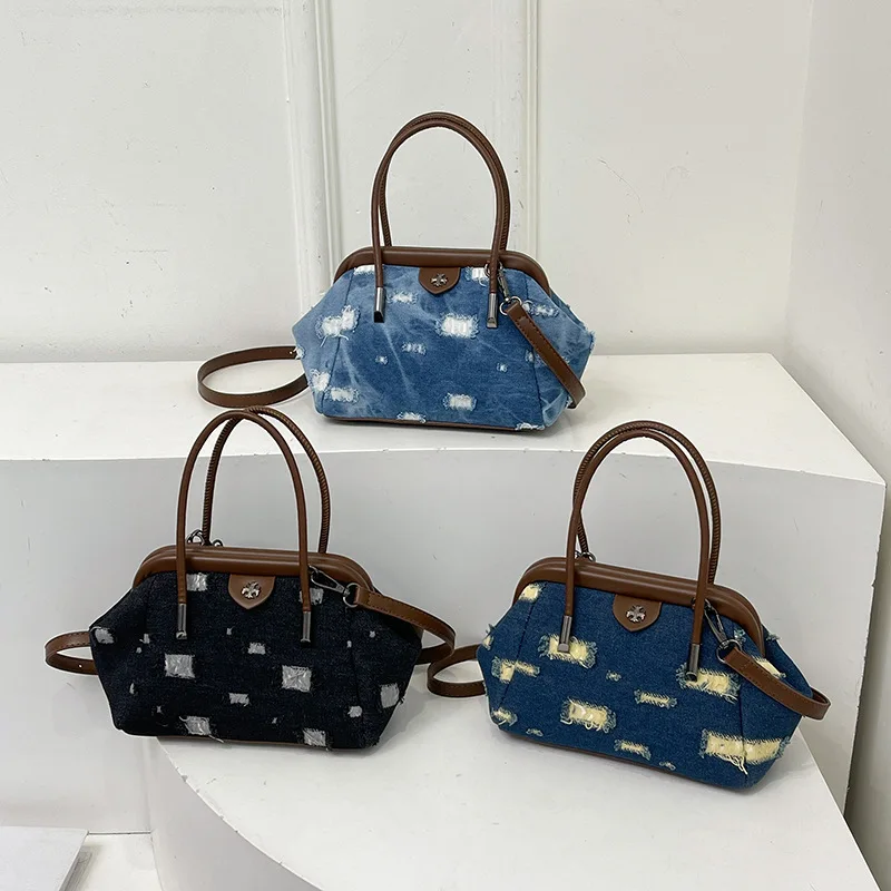 

2025 New Retro Patterned Tote Bag for Women, Vintage Denim Shoulder Crossbody Purse, Unique Print Top Handle Bag, Chic Versatile
