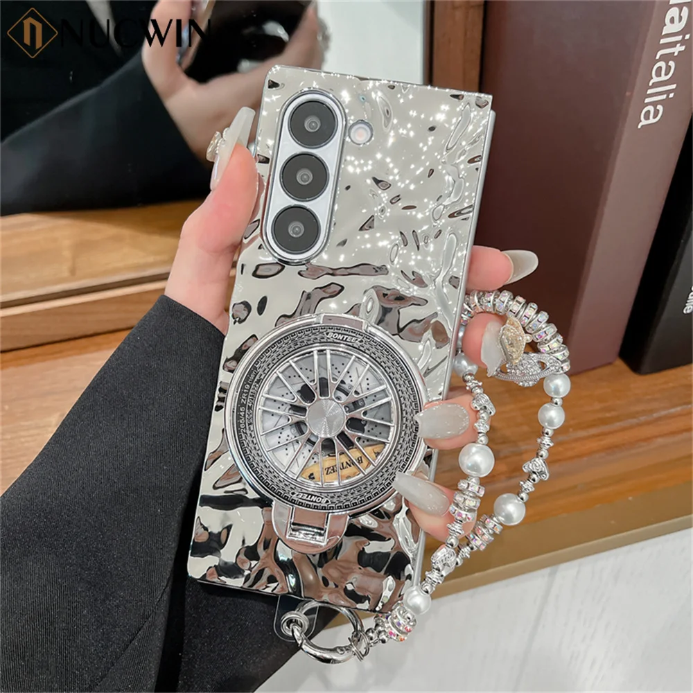 Z Fold 6 Luxury Plating Wrinkle Case For Samsung Galaxy Z Fold 6 Fashion Rotating Ring Bracket and Wrist Strap Shockpoof Cover