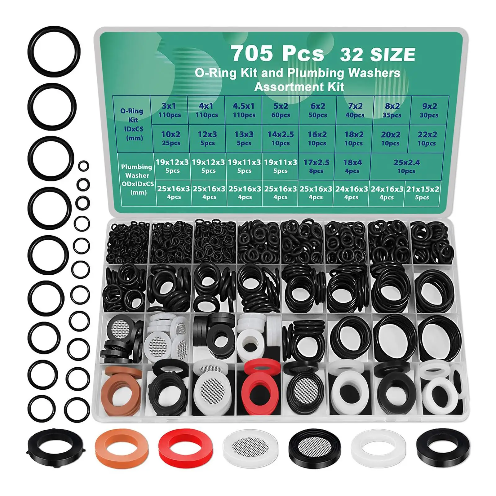 

705Pcs O Rings and Washers Assorted Set Multiple Sizes Plumbing Washers for Faucet Motorcycle Car Repair with Storage Box