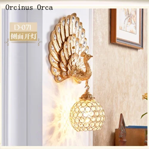 

Retro romantic Colorful Peacock screen wall lamp living room background wall corridor luxury led Phoenix crystal wall lamp