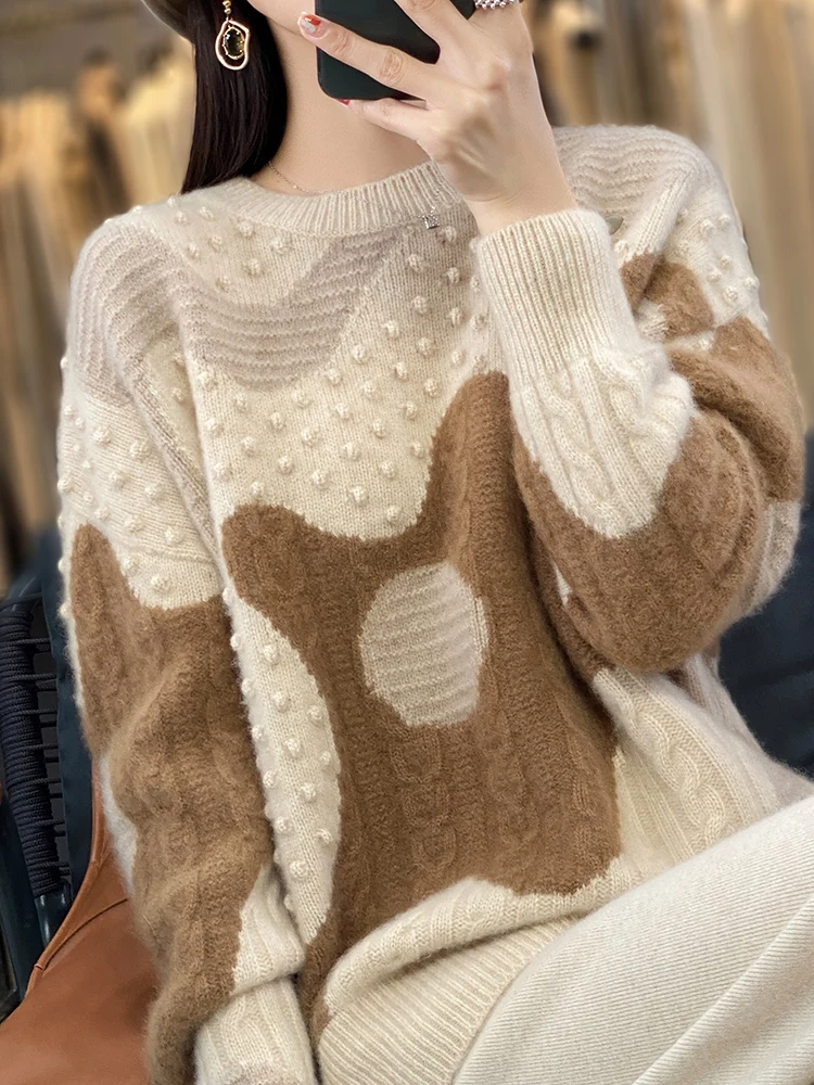 New Chic Women Winter Sweater Thick Vintage Pullover 100% Merino Wool O-neck Twist Flower Cashmere Knitwear Korean Fashion Tops