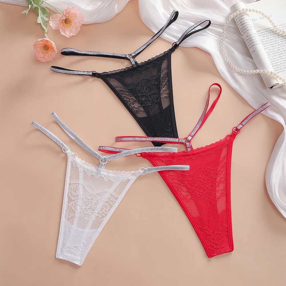 Sexy Women Thongs Low Waist Shiny Belts Breathable Lace Jacquard Pattern Comfortable Female Panties Intimate Lingerie