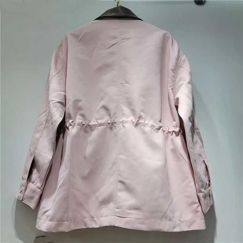 SuperAen Pink Embroidered Flares Jacket Women 2026 Autumn and Winter New Loose Korean-style Contrasting Color Polo Collar Tops