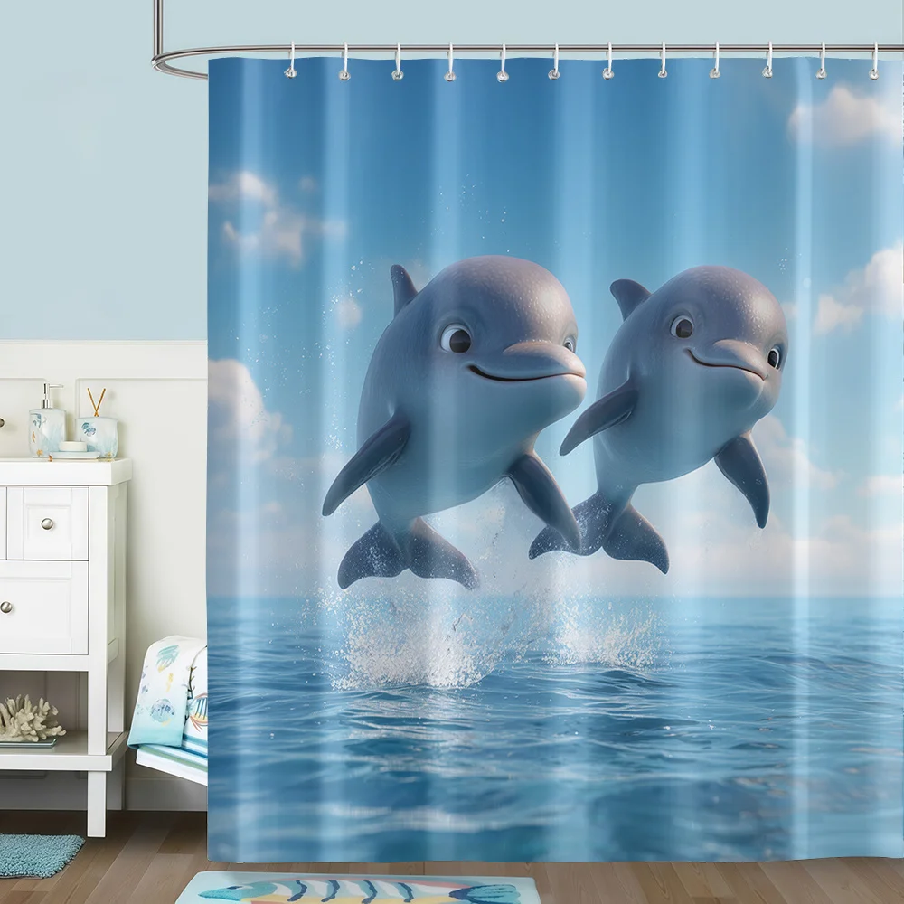 1pc Cartoon Dolphin Leaping Pattern Printed Shower Curtain, Fresh Ocean Style Home Decor Bathroom Curtain, with 12 Hooks, Suitab