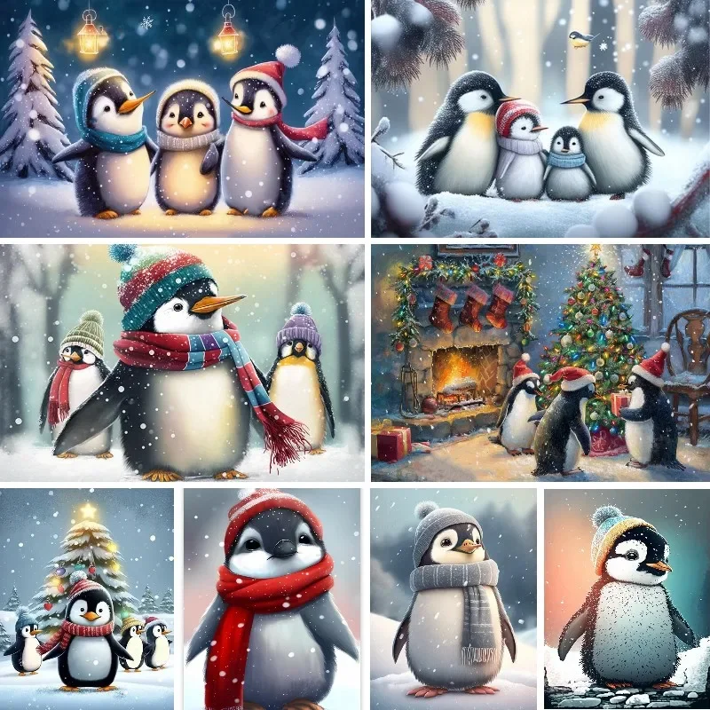 

5D DIY Cartoon Diamond Painting Cute Penguin Family Mosaic Winter Snow Scene Cross Stitch Set Christmas Decoration Gift