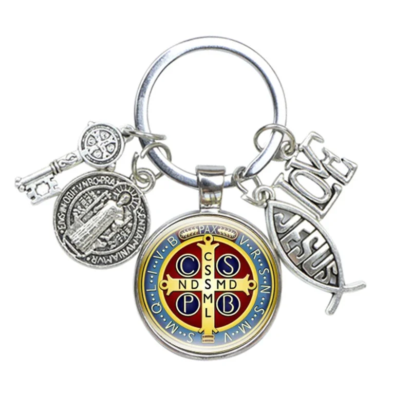 Saint Benedict Medallion Keychain Religious Jewelry I LOVE JESUS Alloy Crafts Charms Domed Glass Catholic San Benito Key Ring