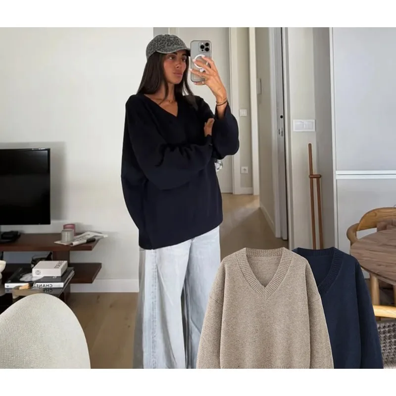 

Casual V Neck Soft Knit Sweater Women V Neck Long Sleeve Loose Pullovers Fashion Autumn Winter Office Lady Tops