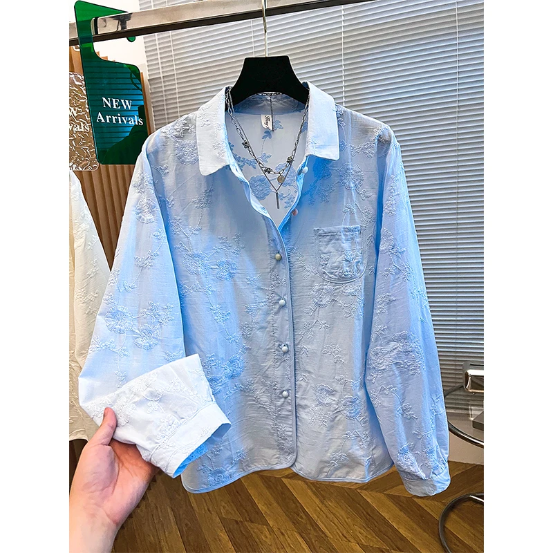 قميص مطرز بالزهور بأكمام طويلة للنساء على الطراز الفرنسي معاطف ذات صدر واحد وطية صدر السترة، ملابس علوية فضفاضة غير رسمية #1