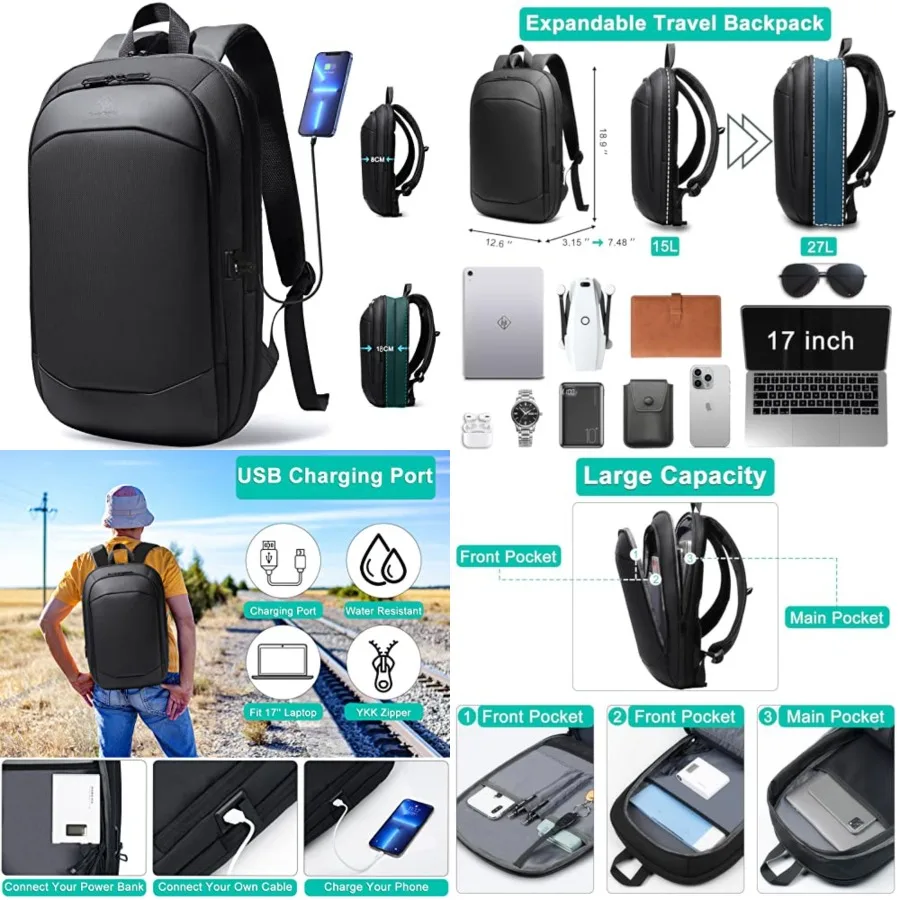 

Business Backpack for Men, Slim and Expandable Waterproof Travel Laptop Backpack with USB Charger Port, Anti-Theft Lightweight