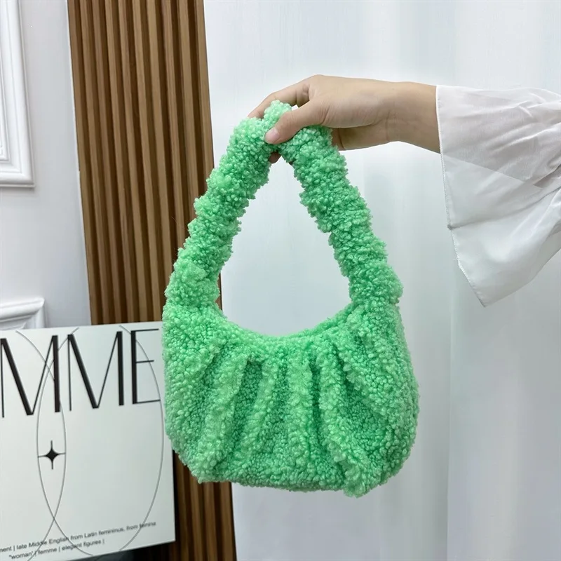 Women Curly Plush Hobo Bag Fluffy Teddy Faux Fur Shoulder Bag Ladies Y2K Casual Pleated Underarm Handbag Daily Purse